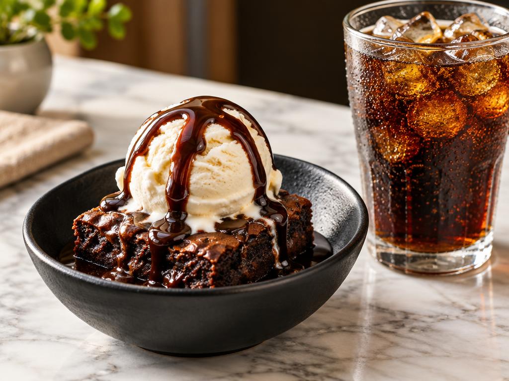 Chocolate brownie with vanilla ice cream and a cold cola
