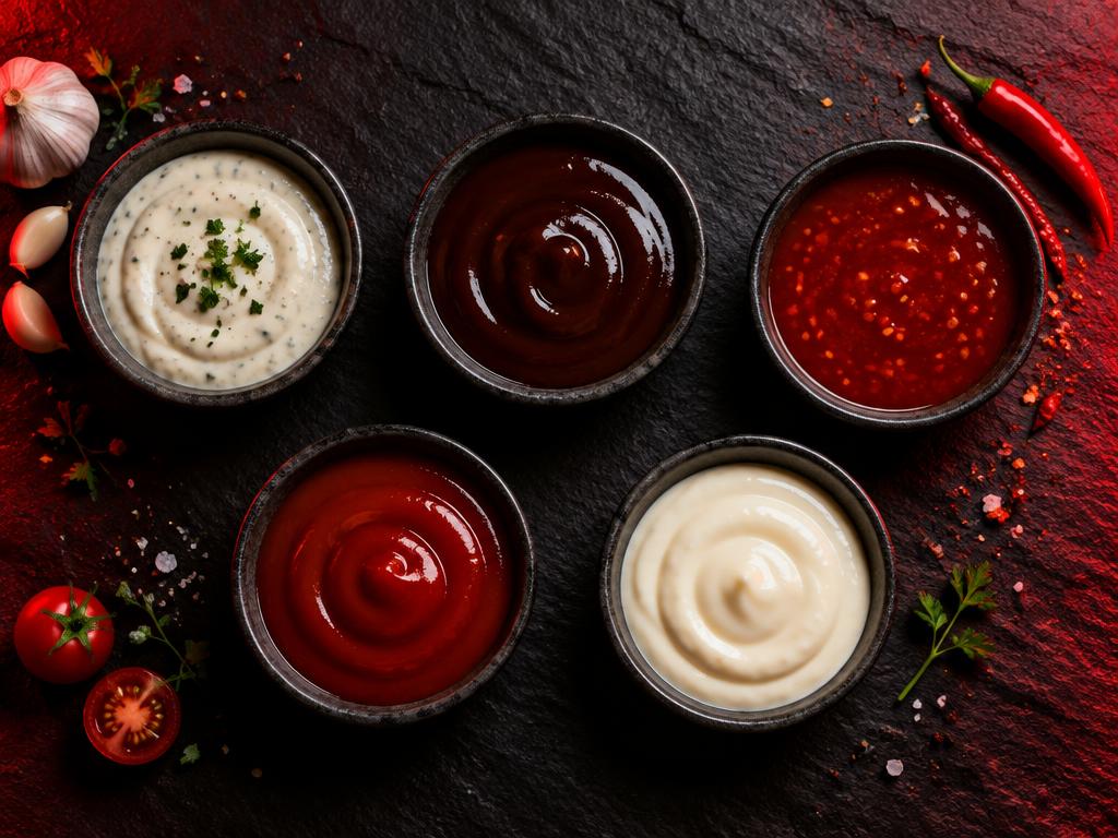 Bowls of garlic, BBQ, chilli, ketchup and mayo dips