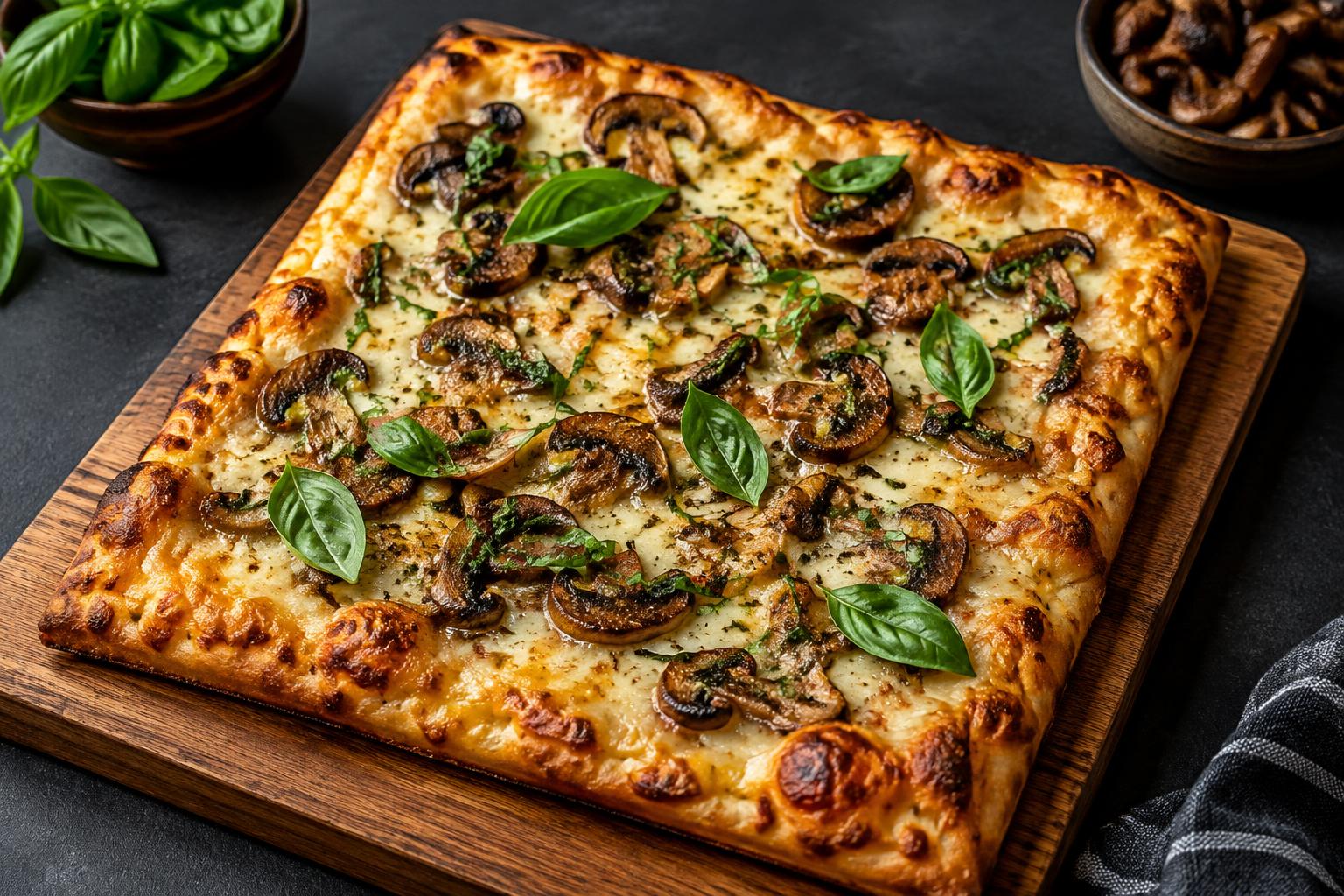 Golden square pizza with mushrooms and fresh basil