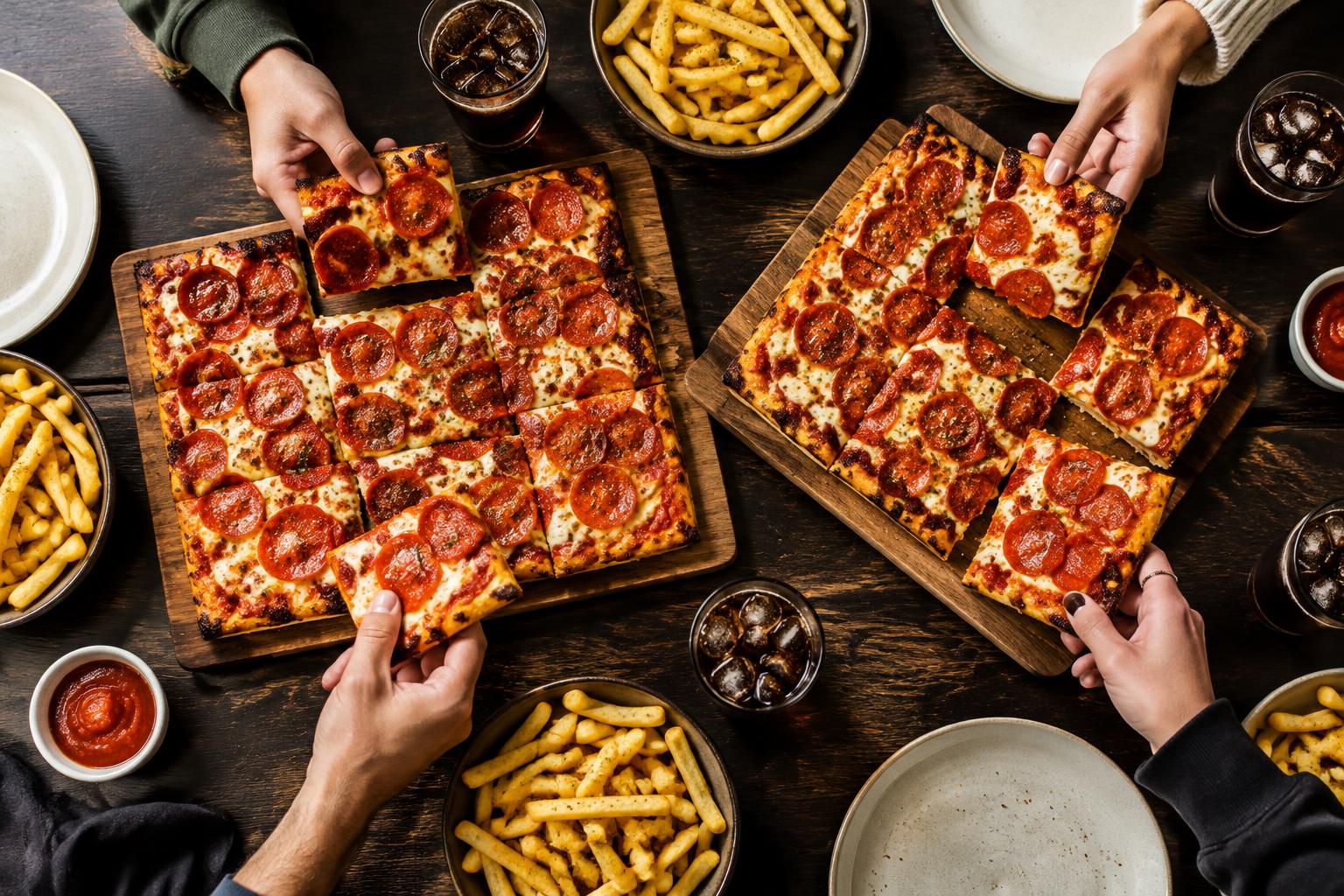 Friends sharing square pizzas, fries and cold drinks