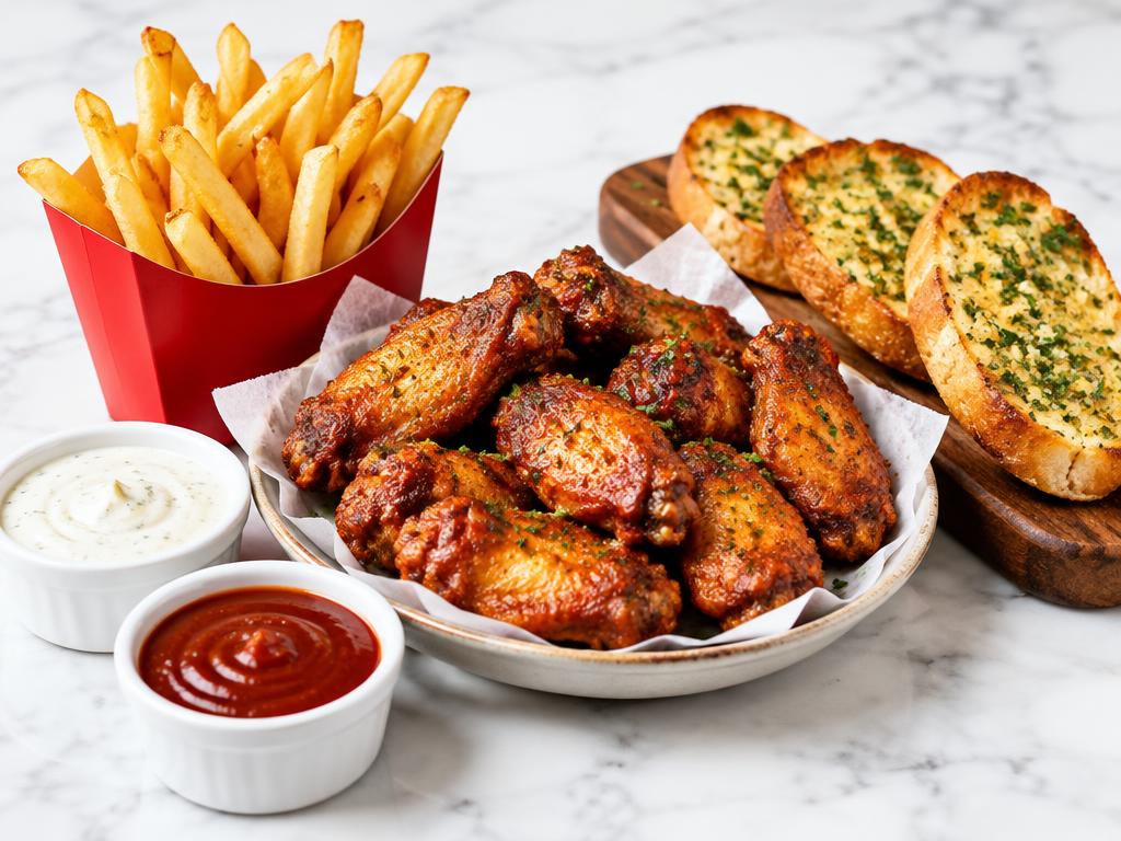 Golden fries, chicken wings, garlic bread and dipping sauces